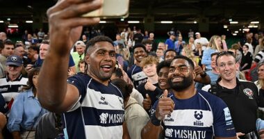 Bristol's players celebrate their 'Big Day Out' win over rivals Bath at Principality Stadium