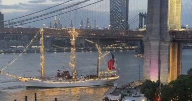 The vessel was seen in horrifying footage colliding with Brooklyn Bridge just before 9pm on Friday night