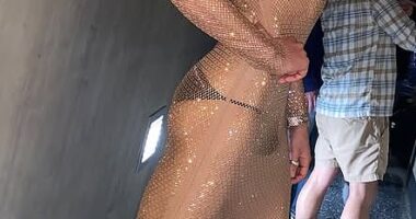 Christian Wilkins (pictured) bared almost all on Saturday night at Kylie Minogue's LA concert