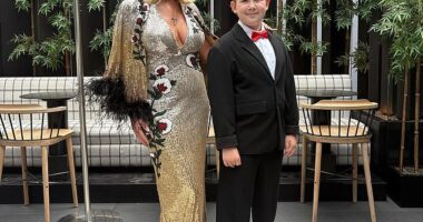 Claire Sweeney (pictured with her son Jaxon, 13) led the excited celebrities heading to DJ Fat Tony's hotly-anticipated wedding to his fiancé Stavros Agapiou on Saturday