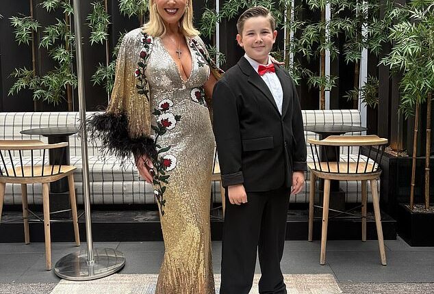 Claire Sweeney (pictured with her son Jaxon, 13) led the excited celebrities heading to DJ Fat Tony's hotly-anticipated wedding to his fiancé Stavros Agapiou on Saturday