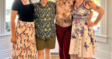 Canadian 'throuples' and other multi parent families are to be granted the same parental rights as traditional families under a bombshell new ruling. Pictured: Toronto 'polycule', married couple Zoe and Rowan Knox with their lovers Dani and Dame who were not part of the lawsuit