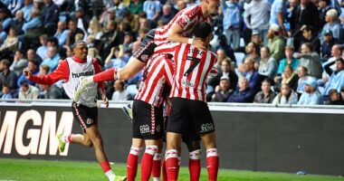 Sunderland won 2-1 at Coventry City in the first leg of their Championship play-off semi-final