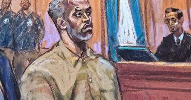 Sean 'Diddy' Combs, 55, can dress to impress the jury at his upcoming sex trafficking trial after a judge ruled he could wear his own clothes. Pictured: Diddy stands as he is arraigned on a superseding indictment ahead of his May trial on sex trafficking charges on March 14