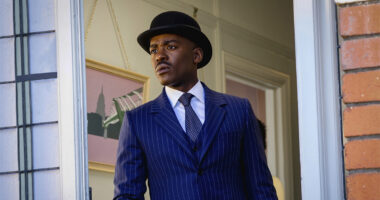 Ncuti Gatwa in Doctor Who series 15 wearing a bowler hat and blue suit