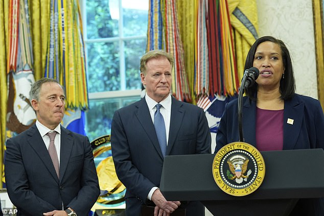 District of Columbia Mayor Muriel Bowser, from right, speaks as NFL Commissioner Roger Goodell and Washington Commanders owner Josh Harris are pictured in the Oval Office