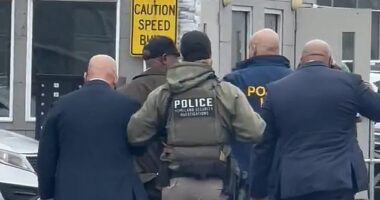 Mayor Ras Baraka is seen being arrested and escorted away by federal agents on Friday
