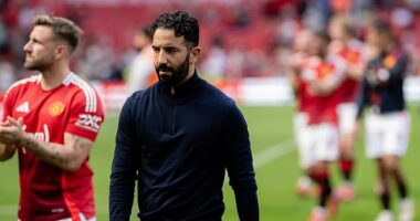 Man United boss Ruben Amorim pictured after seeing his side lose 2-0 to West Ham on Sunday