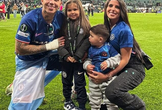 Enzo Fernandez's partner Valentina Cervantes and their two children joined him on the pitch