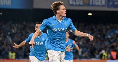 Scott McTominay celebrates setting Napoli on their way to the title by scoring the first goal