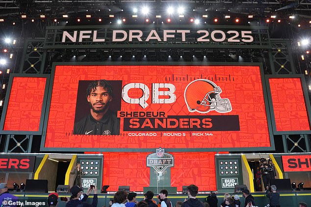 A screen shows Colorado quarterback Shedeur Sanders' name after being selected by the Cleveland Browns with the 144th overall pick during the fifth round of last month's draft