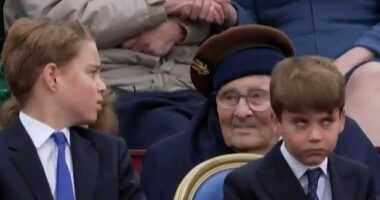 Prince Louis was hilariously caught rolling his eyes at his older brother Prince George yesterday as they joined members of the Royal Family to mark the 80th anniversary of VE Day in London