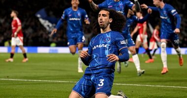 Marc Cucurella celebrates after scoring the winner to beat Manchester United last week and set up a final-day Champions League shootout