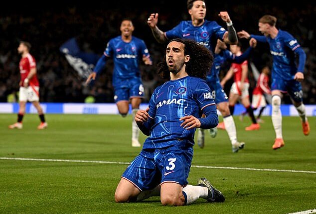 Marc Cucurella celebrates after scoring the winner to beat Manchester United last week and set up a final-day Champions League shootout