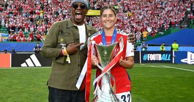 Ian Wright (pictured with Kyra Cooney-Cross) admitted his heart 'went funny' while watching Arsenal Women's Champions League triumph