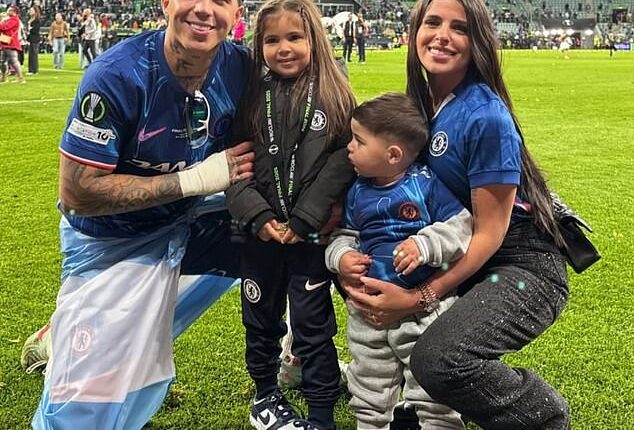 Enzo Fernandez invited his girlfriend and their children onto the pitch after Chelsea's victory in the Conference League final