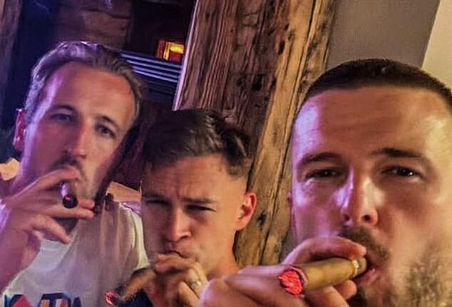 Harry Kane partied the night away with Bayern Munich's stars after winning the Bundesliga (pictured with Joshua Kimmich and Eric Dier)
