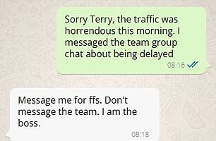Employee Jesse was running late for work - leaving his boss Terry furious