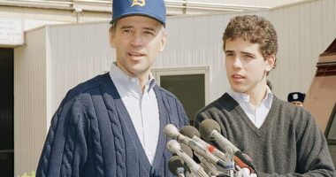 In February 1988, then-Senator Joe Biden suffered a brain aneurysm. He is pictured alongside Hunter after leaveing Walter Reed Army Medical Center in March 1988 after the surgery