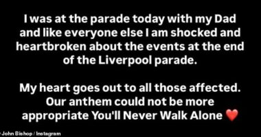 John Bishop says he is 'heartbroken' after 47 people were injured when an unnamed driver ploughed into crowds of Liverpool fans during the club's Premier League trophy parade