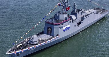 A launch ceremony for a new North Korean naval destroyer went horribly wrong in front of 'supreme' leader Kim Jong Un, according to state media. Pictured: A different naval destroyer unveiled in Nampo, North Korea, last month