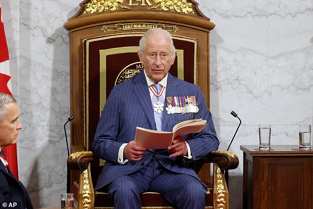 In a 'Speech from the Throne' (made of wood from a Windsor oak, no less) King Charles, 76, spoke of his 'deep pride and pleasure' at witnessing 'Canadians coming together'