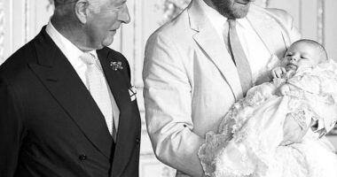 Charles looks at baby Archie in an image shared by Harry on the King's 71st birthday in 2019. He has not seen Archie for five years