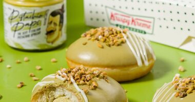 Krispy Kreme Australia has once again collaborated with spread brand Pistachio Papi to bring back the Pistachio Overload Doughnut (pictured)