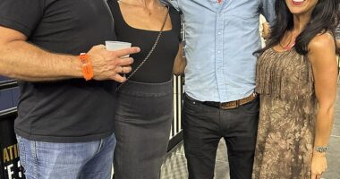 From left to right, Chris Loesch, Dana Loesch, Kid Rock and Lauren Boebert posed for a photo at the MAGA musicians Rock 'n' Rodeo event on Saturday
