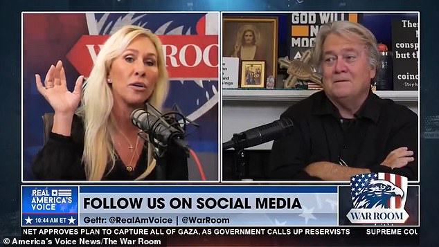 Marjorie Taylor Greene (pictured left) told Steve Bannon (pictured right) its the Republican establishment that's the problem and not Donald Trump when she said 'the base is not happy' with what's going on in Washington