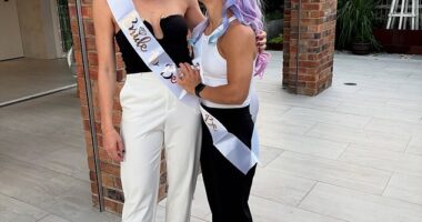 Katrina Gorry (right) is pictured with fiancee Clara Markstedt at their hen's party