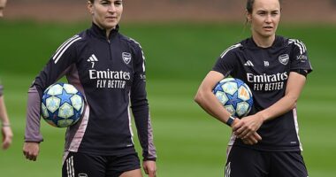 Steph Catley and Caitlin Foord of Arsenal will take on Barcelona in the European Women's Champions League final