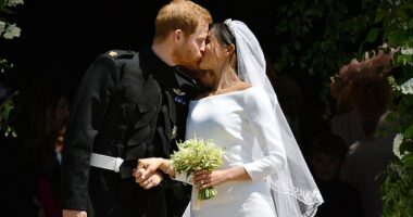 The Duchess of Sussex has been mocked for posting an anniversary tribute 'to herself' via her As Ever Instagram account (pictured on her wedding day in 2018)