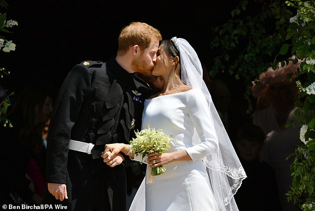 The Duchess of Sussex has been mocked for posting an anniversary tribute 'to herself' via her As Ever Instagram account (pictured on her wedding day in 2018)