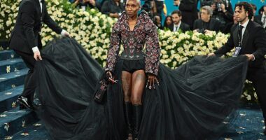 Cynthia Erivo put on a leggy display as she hit the blue carpet at the 2025 Metropolitan Museum of Art's Costume Institute Benefit Gala on Monday