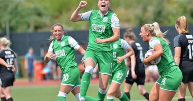 Eilidh Adams jumps for joy after putting Hibernian 1-0 up against title rivals Glasgow City
