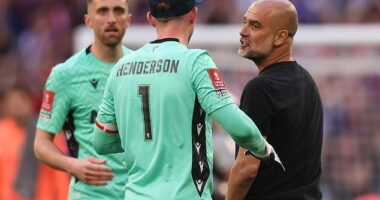Pep Guardiola CONFRONTS Dean Henderson as Crystal win the FA Cup after goalkeeper escaped red card call before saving penalty in final