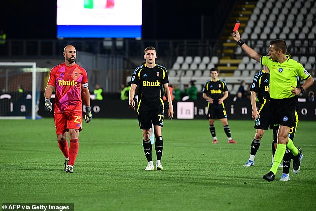 Liverpool legend Pepe Reina (left), 42, was sent off in his final ever game before retirement