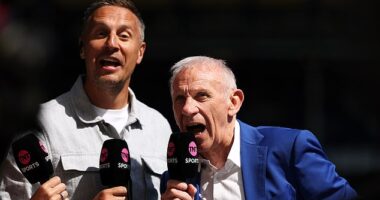 Everton icon Peter Reid pictured (right) speaking to TNT Sports at Goodison Park on Sunday