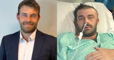 Philip Masey, 31, relearning to walk and talk after brain haemorrhage left him in coma