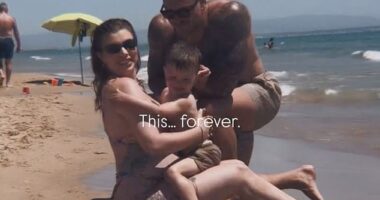Olivia Bowen, 31, showed off her growing bump in a floral bikini as she shared a sweet clip from her family holiday to Spain with husband Alex, 33, and their son Abel
