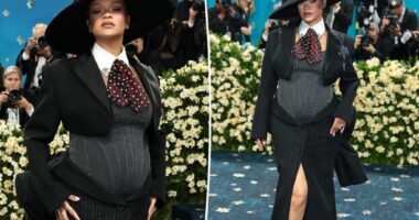 Pregnant Rihanna shows off baby bump on Met Gala 2025 red carpet