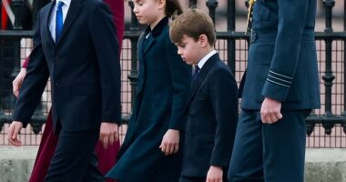 Prince George was snapped looking every inch the sweet older brother as he attended a VE Day commemoration event in London today