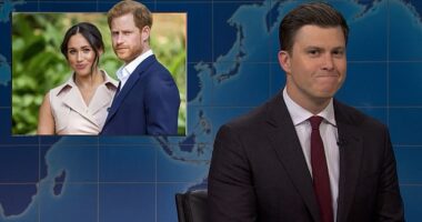 Prince Harry and Meghan Markle were mocked on Saturday Night Live yesterday as host Colin Jost (right) made a brutal joke about the couple