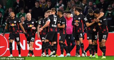RB Leipzig's Emil Forsberg is mobbed by team-mates after scoring against Celtic
