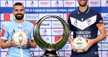 Football fans will be closely monitored by 'hundreds' of police at Saturday's A-League Grand Final (pictured from left, respective captains Aziz Behich (Melbourne City) and Roderick Miranda (Melbourne Victory)