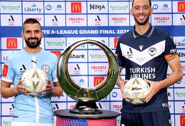 Football fans will be closely monitored by 'hundreds' of police at Saturday's A-League Grand Final (pictured from left, respective captains Aziz Behich (Melbourne City) and Roderick Miranda (Melbourne Victory)