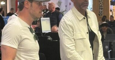 Gareth Bale and Rio Ferdinand were spotted slumming it on a budget flight to Bilbao on Tuesday