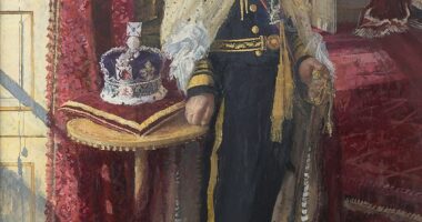 The King and Queen unveiled their official Coronation state portraits at the National Gallery on Tuesday to mark the second anniversary of the historic event. Pictured, the King's portrait