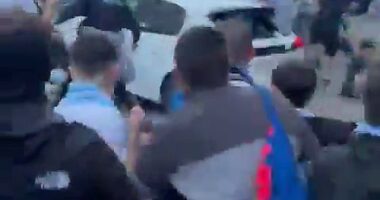 Horrifying footage captured the moment a car ploughed into footballs fans outside a stadium in Barcelona